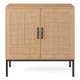 Boho storage cabinet with natural rattan doors and asymmetrical pattern, featuring adjustable shelves for versatile.