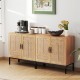 Boho storage cabinet with natural rattan doors, adjustable shelves, and metal legs for stylish kitchen organization.