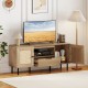 Boho TV stand with natural finish, featuring rattan doors, spacious storage, and metal legs for stability. Ideal for.