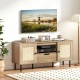 Boho TV stand with natural finish, featuring PE rattan doors, spacious storage, and six sturdy metal legs for stability.