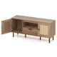 Boho TV stand with natural finish, featuring 2 cabinets, open shelf, and pull-out drawer for stylish storage.