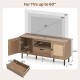 Boho TV stand with natural finish, featuring cabinets, storage shelf, and pull-out drawer for TVs up to 60 inches.