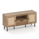 Boho TV stand with natural finish, featuring PE rattan doors, storage drawer, and six metal legs for stability.