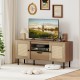 Boho TV stand featuring PE rattan, spacious cabinets, and a pull-out drawer for organized entertainment storage.