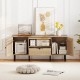 Boho TV stand with natural finish, featuring cabinets, storage shelf, and pull-out drawer for organized entertainment.