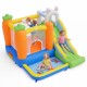Brightly colored bounce house with climbing wall, slide, and ball pit for kids aged 3-12, perfect for backyard parties.