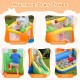 Bounce house with climbing wall, long slide, basketball rim, and ball pit for kids' backyard fun and parties.