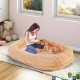 Cozy brown washable fluffy human dog bed with soft blanket, plump pillow, and orthopedic foam for pet interaction.
