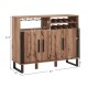 Home wine bar cabinet in brown featuring sturdy metal feet, ample storage, and a 4-row glass holder for easy access.