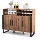 Home wine bar cabinet in brown with three doors, adjustable shelves, and a 2-tier wine rack for organized storage.