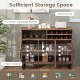 Home wine bar cabinet with three doors, adjustable shelves, and a 2-tier wine rack for organized storage in brown.