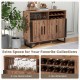 Home wine bar cabinet in brown with 3 doors, 2-tier wine rack, and 4-row glass holder for organized storage.