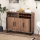 Home wine bar cabinet in brown with glass holder and three doors, showcasing a versatile design for various occasions.