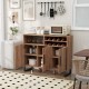 Home wine bar cabinet in brown showcasing a close-up of the wood grain and metal feet for enhanced stability and style.