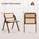 Foldable dining chair set of 2 with woven rattan backrest, sturdy rubber wood frame, dimensions for easy storage.