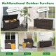 Brown 85-gallon outdoor storage box with removable liner and wheels, ideal for cushions and garden tools.
