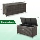 Brown 85-gallon outdoor storage box with removable liner, dimensions shown, ideal for cushions and garden tools.