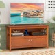 Brown TV stand entertainment center with open shelf and two cupboards, suitable for TVs up to 50 inches, perfect for.