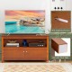 TV stand entertainment center in brown with open shelf, two cupboards, and ergonomic knobs for easy access.