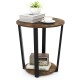 Round end table with a brown melamine surface, metal frame, and 2-tier design for versatile storage in any room.