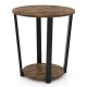 Round 2-tier end table with a brown melamine surface and sturdy metal frame, perfect for living rooms or bedrooms.