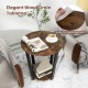 Round end table with a brown wood grain tabletop, featuring a sturdy metal frame and a removable bottom shelf for.