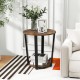 Round end table with a brown melamine surface and metal frame, featuring a 2-tier design for versatile storage.
