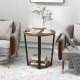 Round end table with a brown melamine surface and metal frame, featuring a 2-tier design for extra storage in any room.