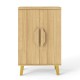 Buffet cabinet with double doors, natural wood finish, raised legs, ideal for dining rooms and kitchen storage.