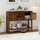 Buffet sideboard cabinet in brown with 2 doors, 2 drawers, and bottom shelf for versatile storage in any room.