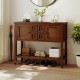 Buffet sideboard cabinet in brown with 2 doors, 2 drawers, and a bottom shelf for versatile storage in any room.