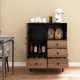 Mid-century modern buffet sideboard in black with 4 drawers and open compartment, ideal for stylish storage and display.