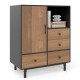Mid-century modern storage cabinet in black with wood accents, featuring 4 drawers and an open compartment for display.