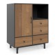 Mid-century modern black buffet sideboard with 4 drawers and open compartment for stylish storage and display.