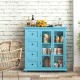 Buffet sideboard table in blue with 4 drawers and 2 glass doors, offering ample kitchen storage and stylish display.