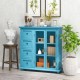 Buffet sideboard table in blue with 4 drawers and 2 glass doors, offering ample storage for kitchen or entryway decor.