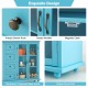 Buffet sideboard table in blue with 4 drawers, 2 glass doors, and round feet for stylish kitchen storage.