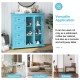 Buffet sideboard table in blue with 4 drawers and 2 glass doors, perfect for dining room or entryway storage.