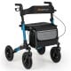 Folding rollator walker with seat, adjustable height, anti-vibration tires, and large storage bag for seniors.