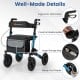 Folding rollator walker with ergonomic hand grips, large storage bag, and cane holder, designed for all-terrain use.