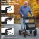 Folding rollator walker with seat, featuring ergonomic grips, large anti-vibration tires, and convenient storage for.