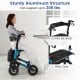 Folding rollator walker with seat, sturdy aluminum structure, comfy backrest, supports up to 308 lbs for seniors.