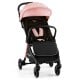 Lightweight stroller with aluminum frame in pink, featuring adjustable backrest, 5-point harness, and large storage.