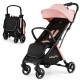 Lightweight aluminum stroller in pink and black with one-hand folding, adjustable backrest, and large storage basket.