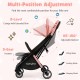 Lightweight stroller with adjustable backrest and footrest, featuring a one-hand folding design for easy transport.