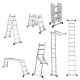 7-in-1 folding aluminum step ladder shown in various configurations, featuring anti-skid pedals and non-slip.