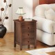 Walnut nightstand with three drawers, featuring a space-saving design, perfect for enhancing home décor.