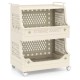 3-tier rolling laundry basket storage cart in beige with wheels, side hooks, and hollow patterns for ventilation.