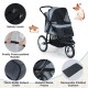 3-wheel pet stroller in gray with breathable mesh sides, padded handle, and removable cushion for small to medium dogs.
