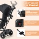 Adjustable push handle and front wheel clutch of the grey 4-in-1 baby trike for convenient control and safety.